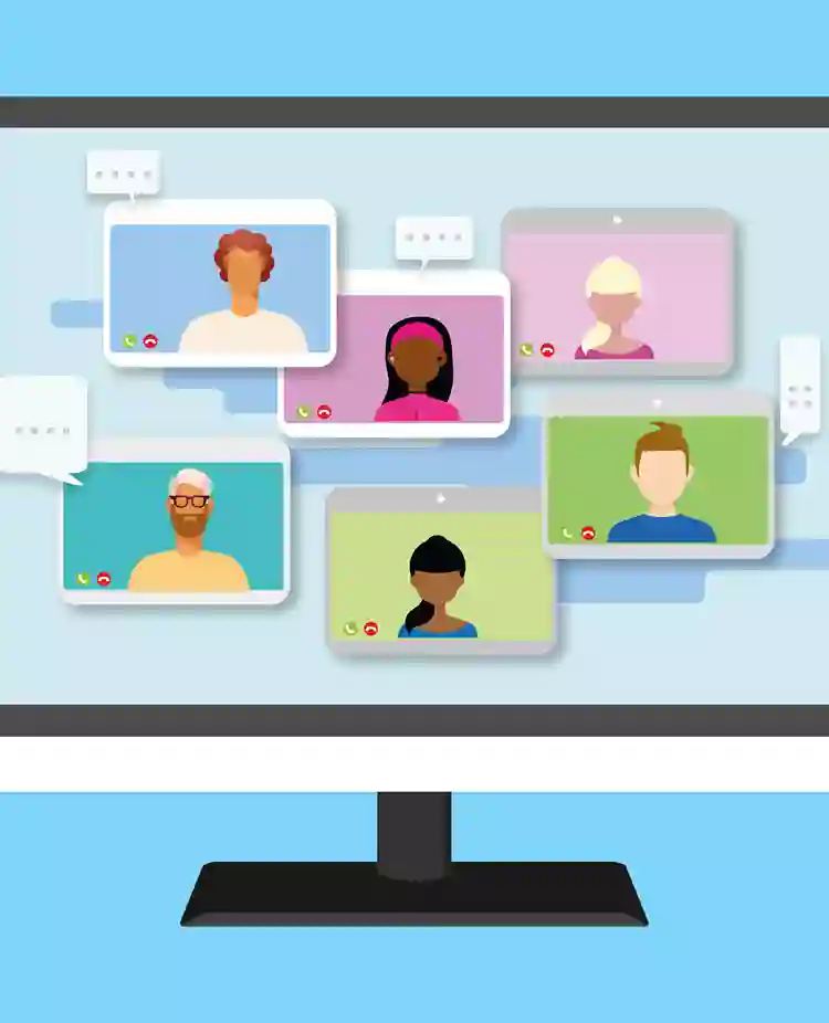 Bild som visar videokonferens i grafik med fiktiva personer.