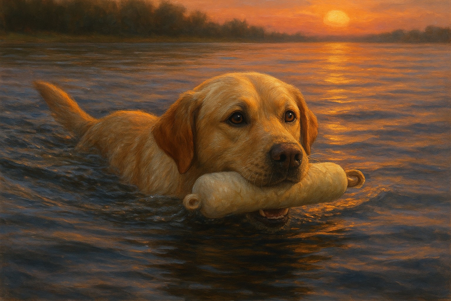 Labrador som apporterar dummy i vattnet