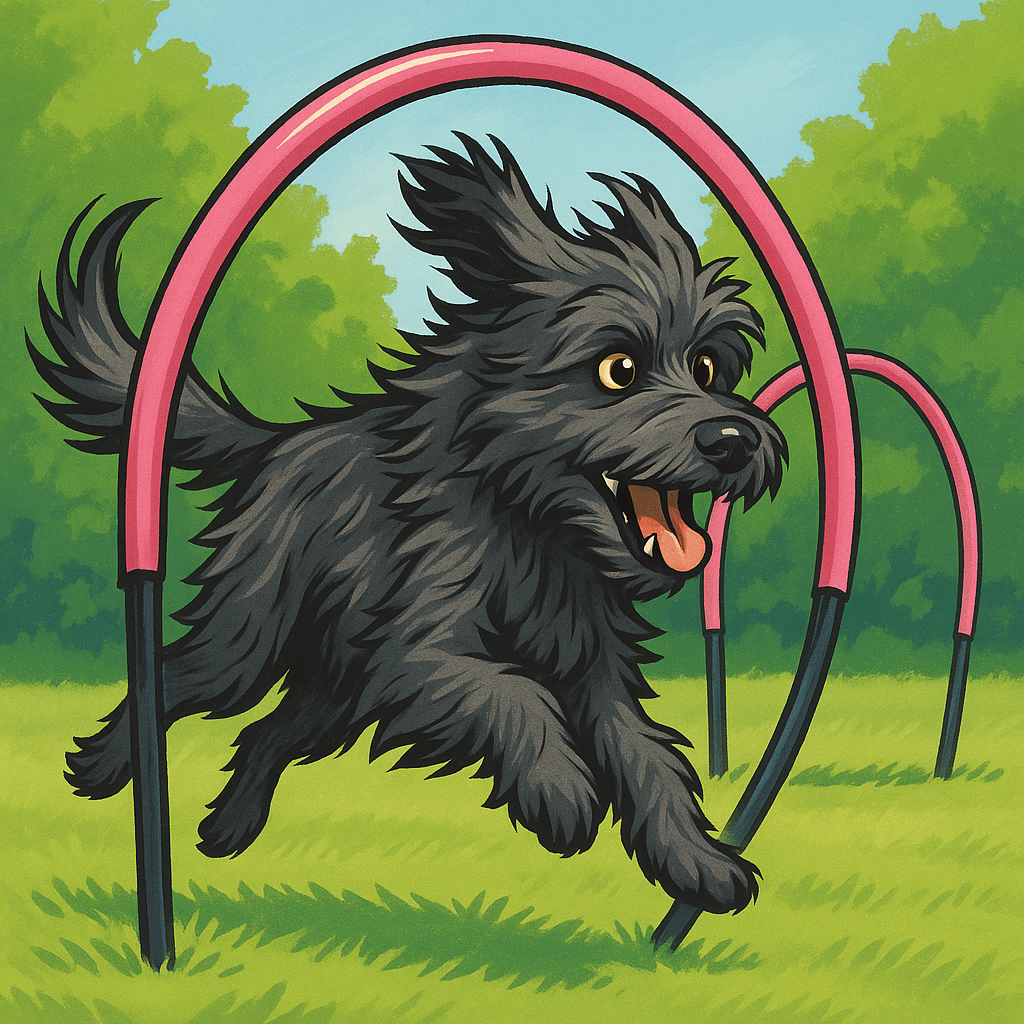 Tecknad svart, lurvig, hund springer genom en "hoop"