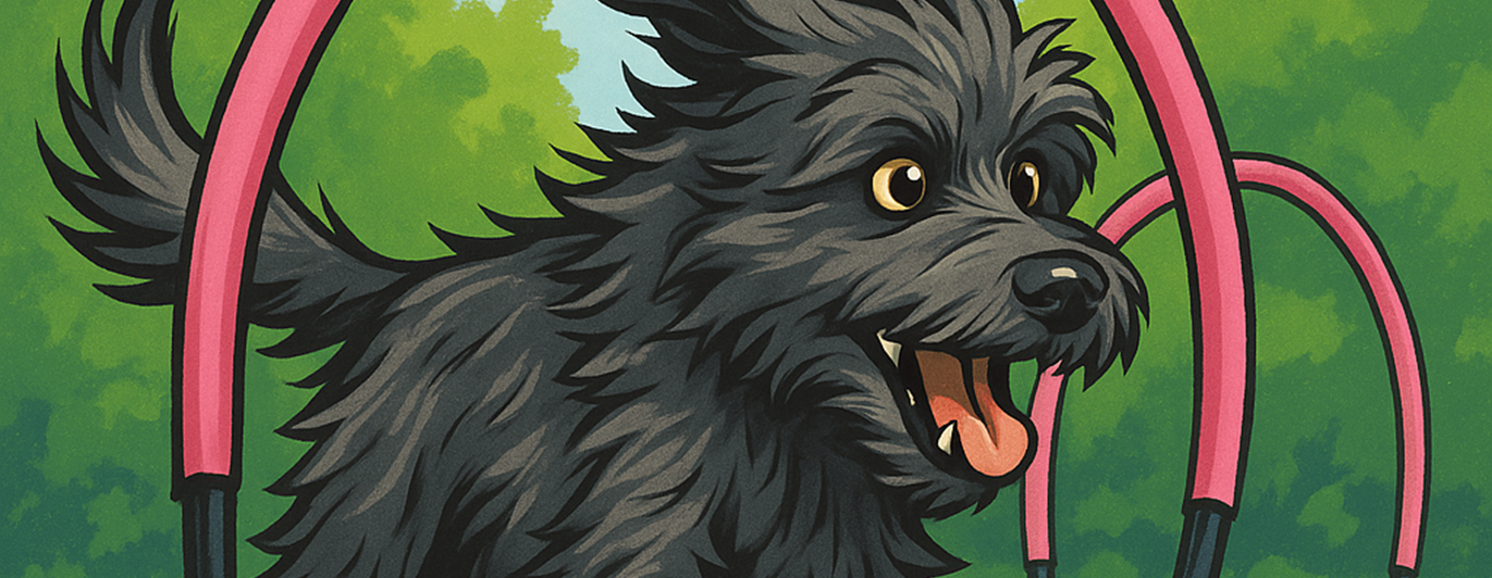 Tecknad svart, lurvig, hund springer genom en "hoop"