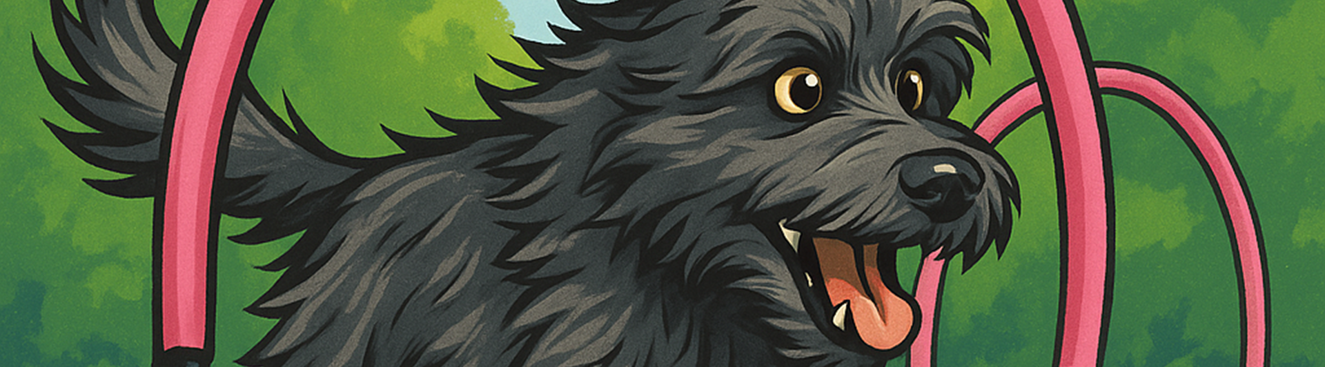 Tecknad svart, lurvig, hund springer genom en "hoop"