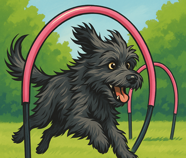 Tecknad svart, lurvig, hund springer genom en "hoop"