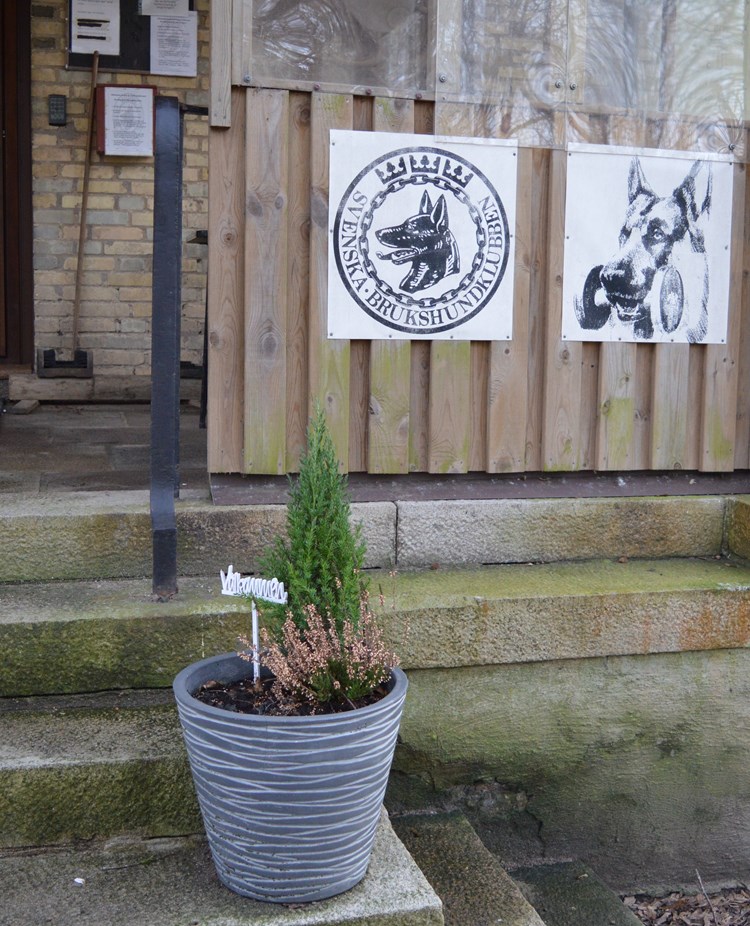 Bild på klubbstugans entre med en blomkruka med en välkommenskylt,