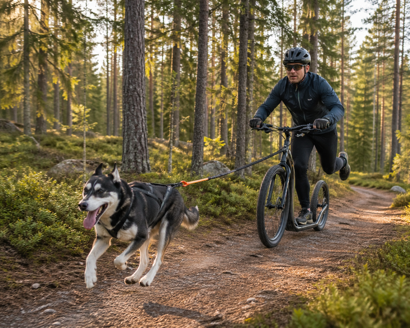 Draghund framför kickbike