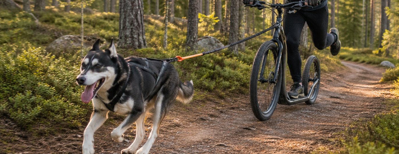 Draghund framför kickbike