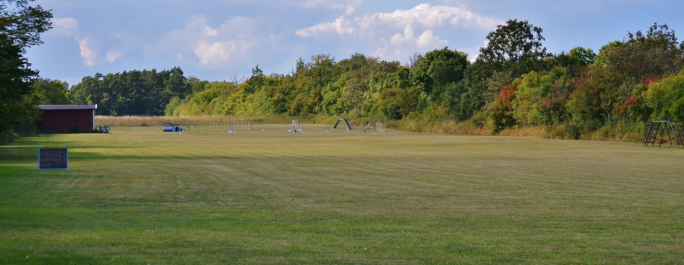 Appellplan med flaggstänger i förgrunden