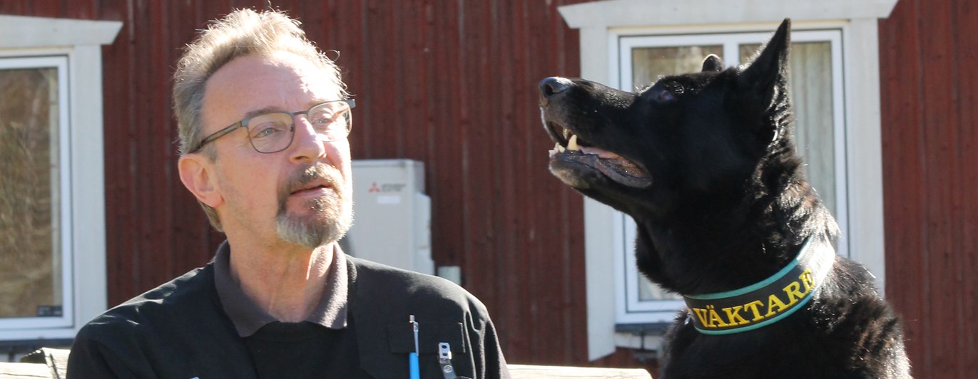 Bild på en schäfer tillsammans med sin husse. Hunden är väktarhund.
