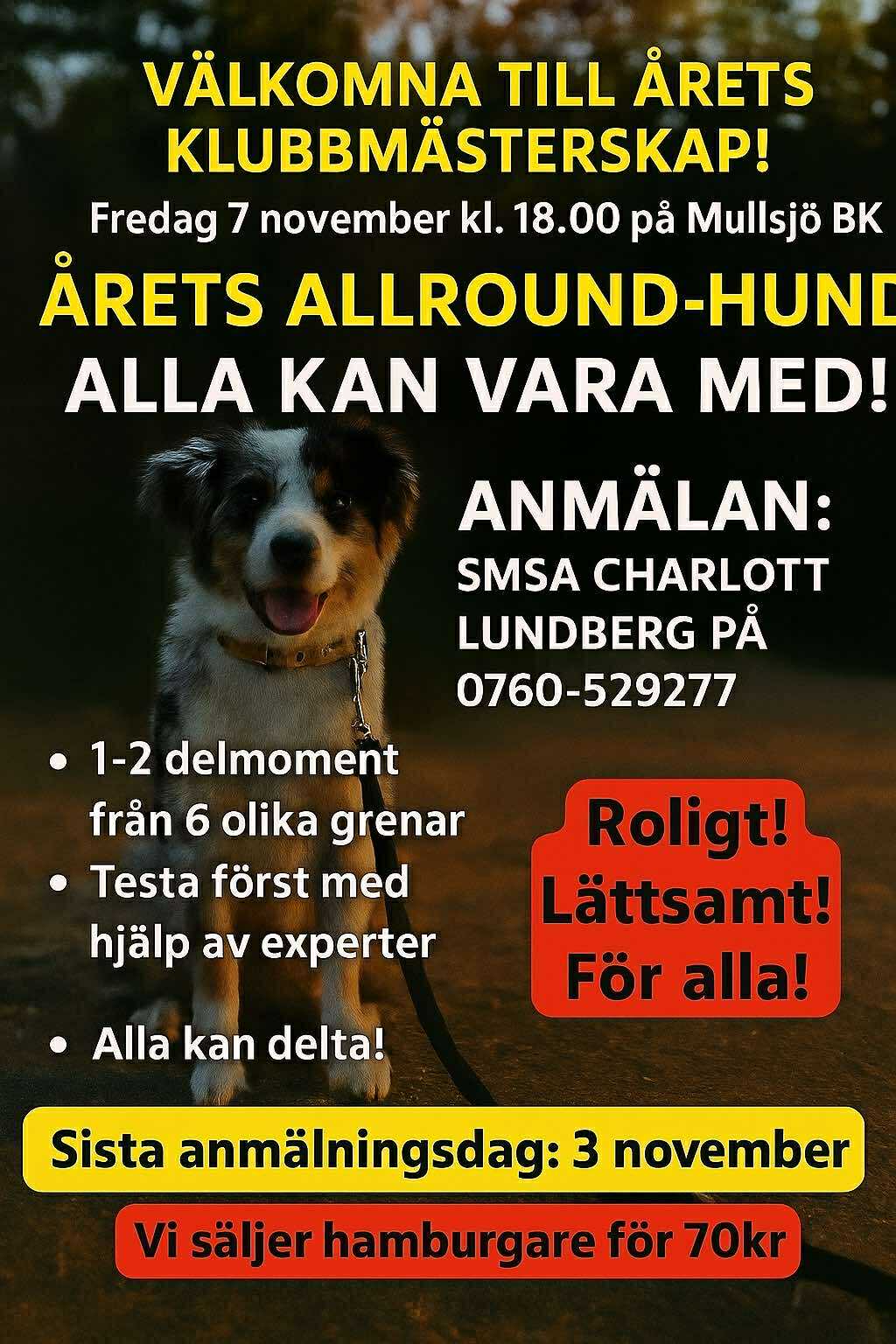 Affisch där det står information gällande Mullsjö brukshundklubbs mästerskap