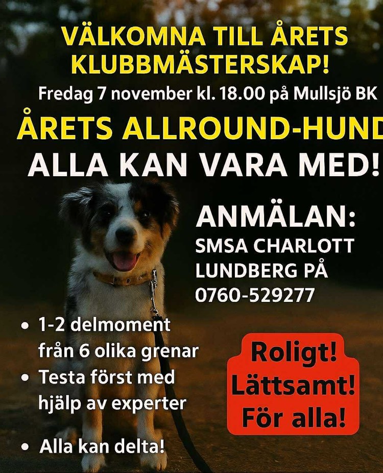 Affisch där det står information gällande Mullsjö brukshundklubbs mästerskap