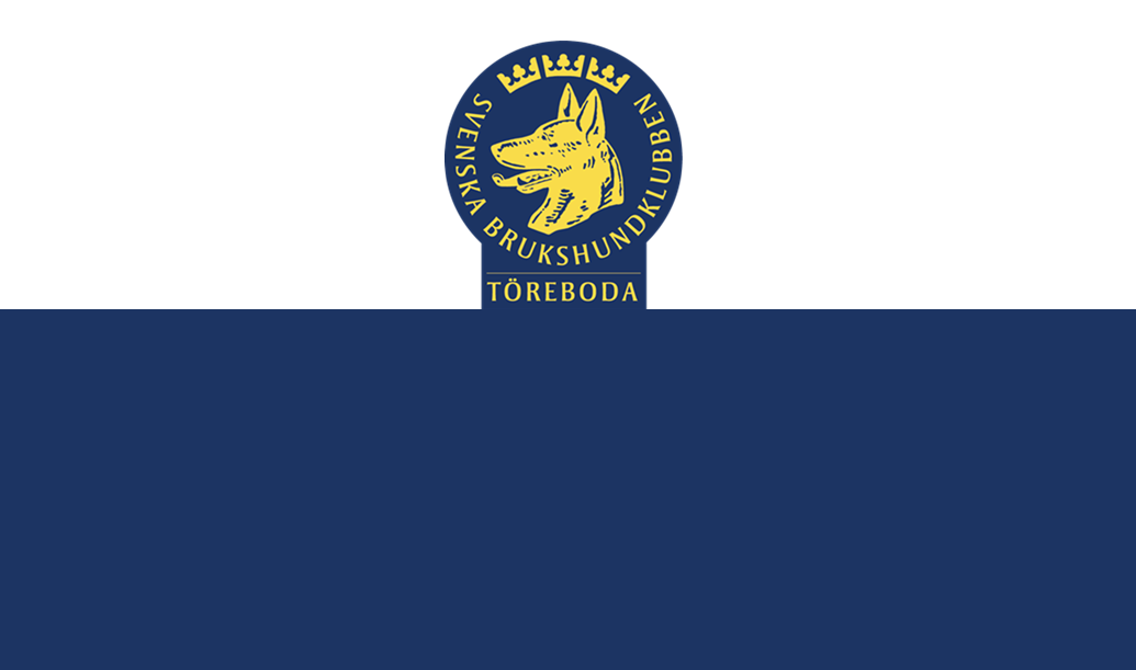 Töreboda Brukshundklubbs logotyp på vit- och blådelad bakgrund