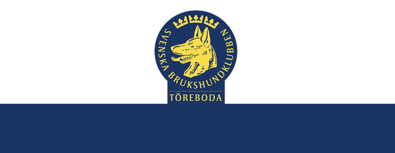 Töreboda Brukshundklubbs logotyp på vit- och blådelad bakgrund