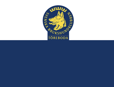Töreboda Brukshundklubbs logotyp på vit- och blådelad bakgrund