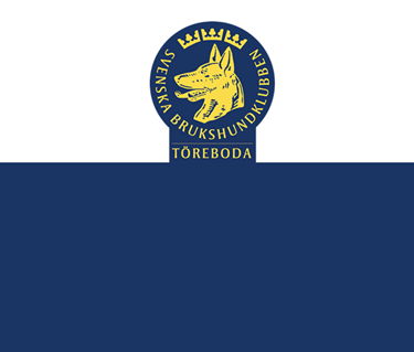 Töreboda Brukshundklubbs logotyp på vit- och blådelad bakgrund