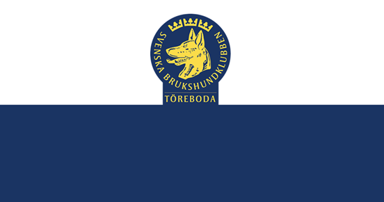 Töreboda Brukshundklubbs logotyp på vit- och blådelad bakgrund