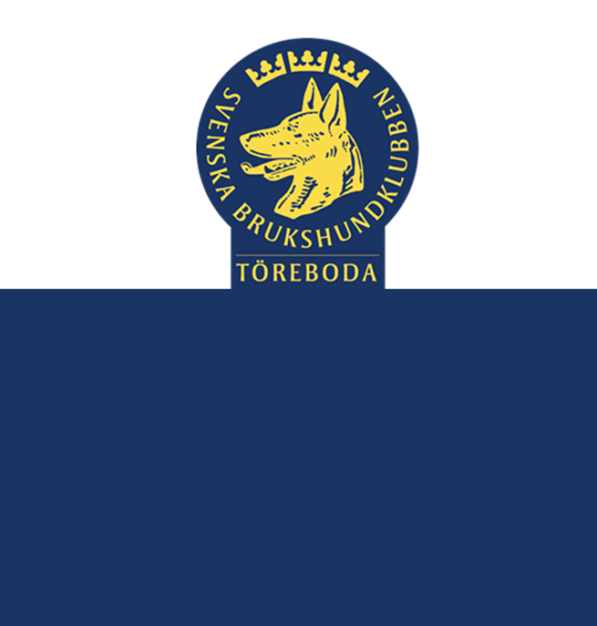 Töreboda Brukshundklubbs logotyp på vit- och blådelad bakgrund