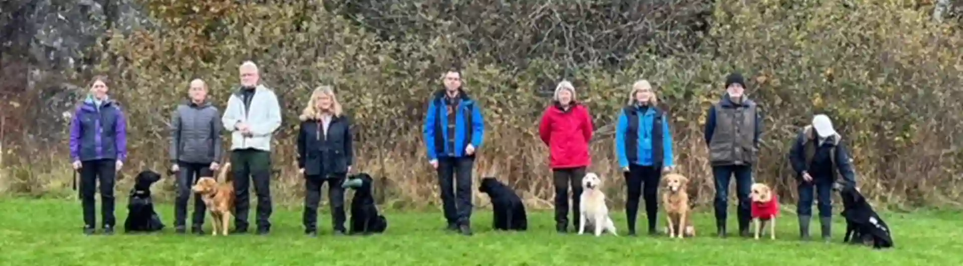 En grupp hundförare med sin hundar som tränat.