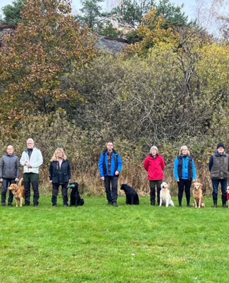 En grupp hundförare med sin hundar som tränat.