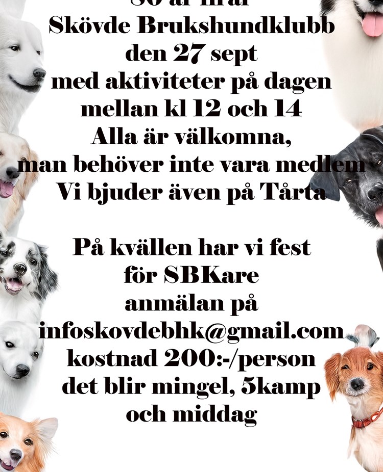 Bild som visar hundar och text med fest på skövde brukshundklubb som firar 80 år
