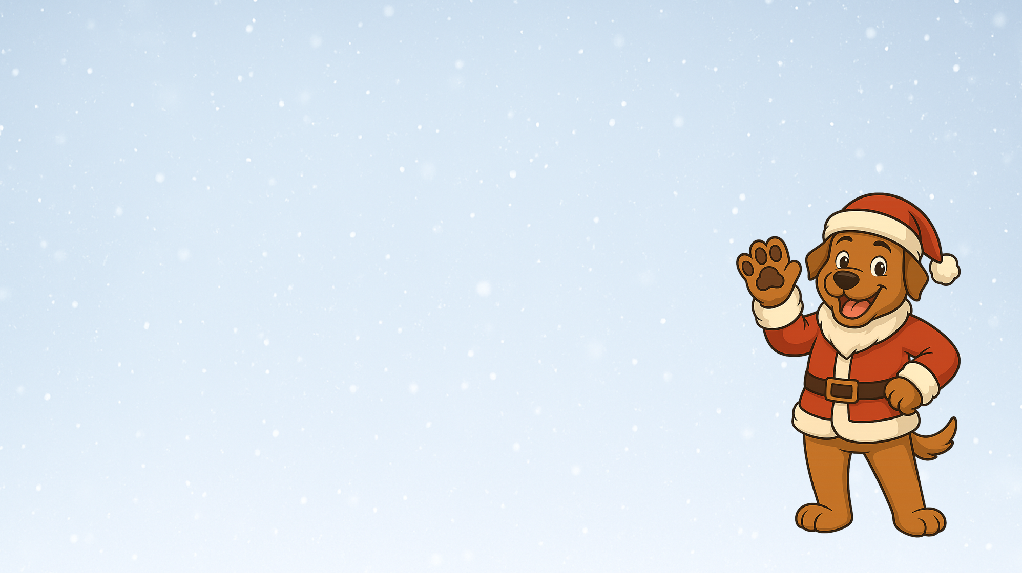 Tecknad hund i tomtekläder vinkar in mot kameran
