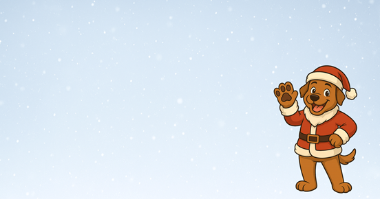 Tecknad hund i tomtekläder vinkar in mot kameran