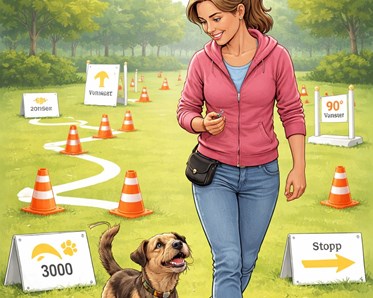 Animerad bild på en tjej som går en rallylydnadsbana med sin Borderterrier