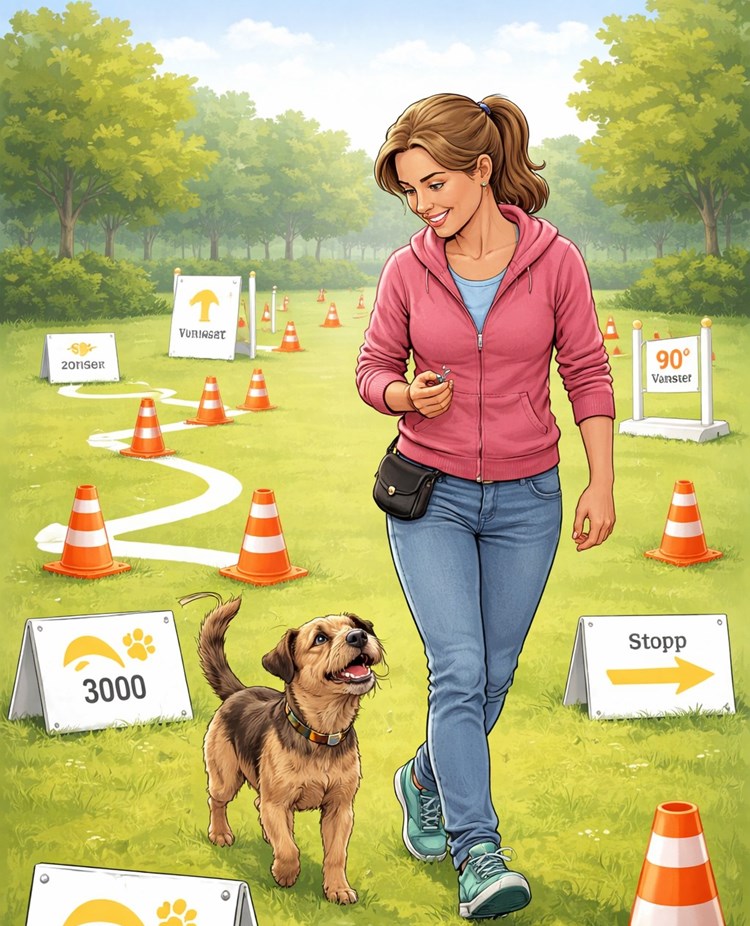 Animerad bild på en tjej som går en rallylydnadsbana med sin Borderterrier