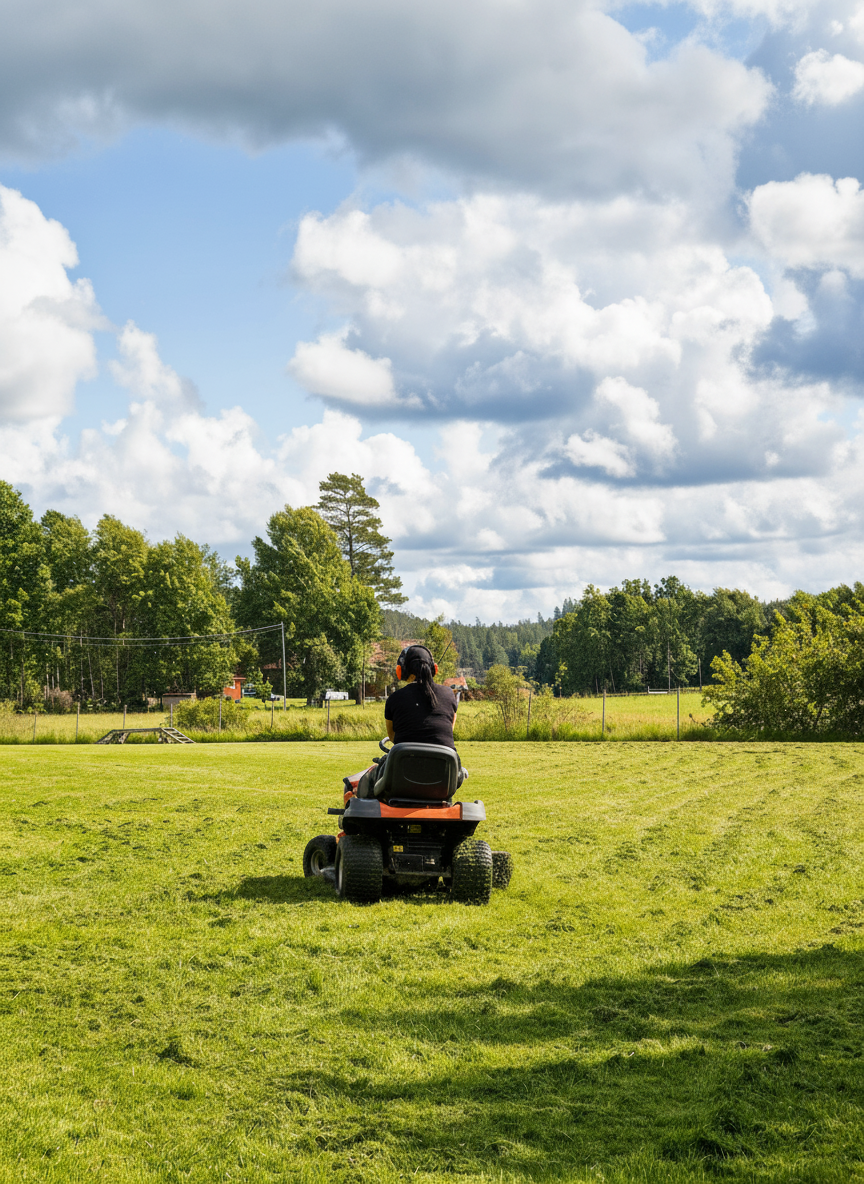 Medlem som klipper gräset på nedre plan, Alingsås Brukshundklubb