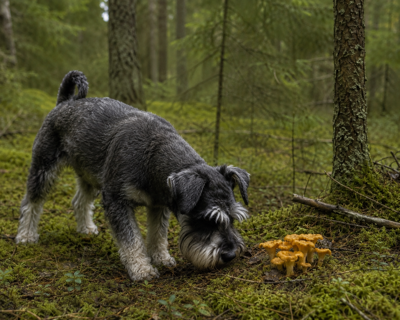 Dvärgschnauzer som markerar kantareller 