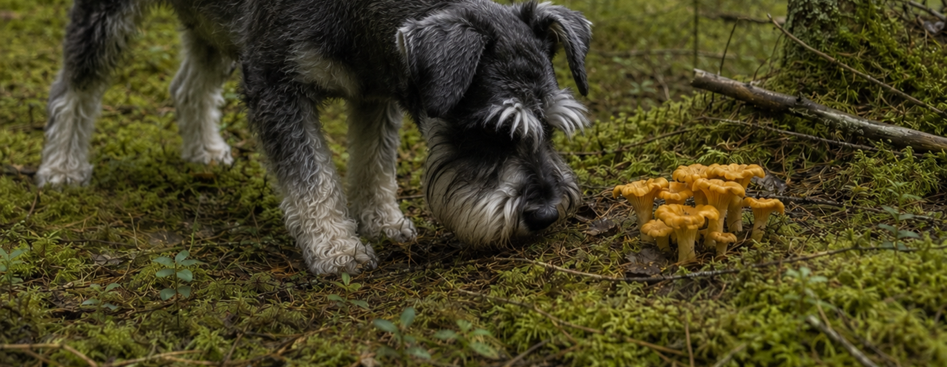 Dvärgschnauzer som markerar kantareller