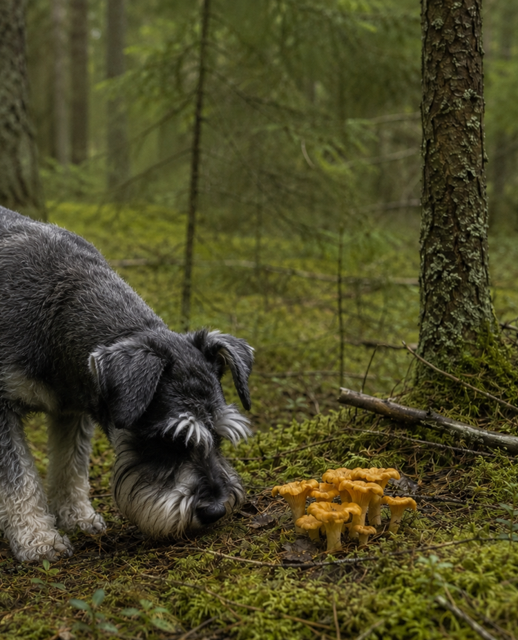 Dvärgschnauzer som markerar kantareller