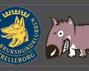 Bild på tecknad ilsken hund tillsammans med Trelleborgs Brukshundklubbs logotyp