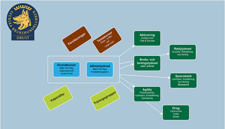 Utbildningsplanen visar kurser och aktiviteter på Orust Brukshundklubb.