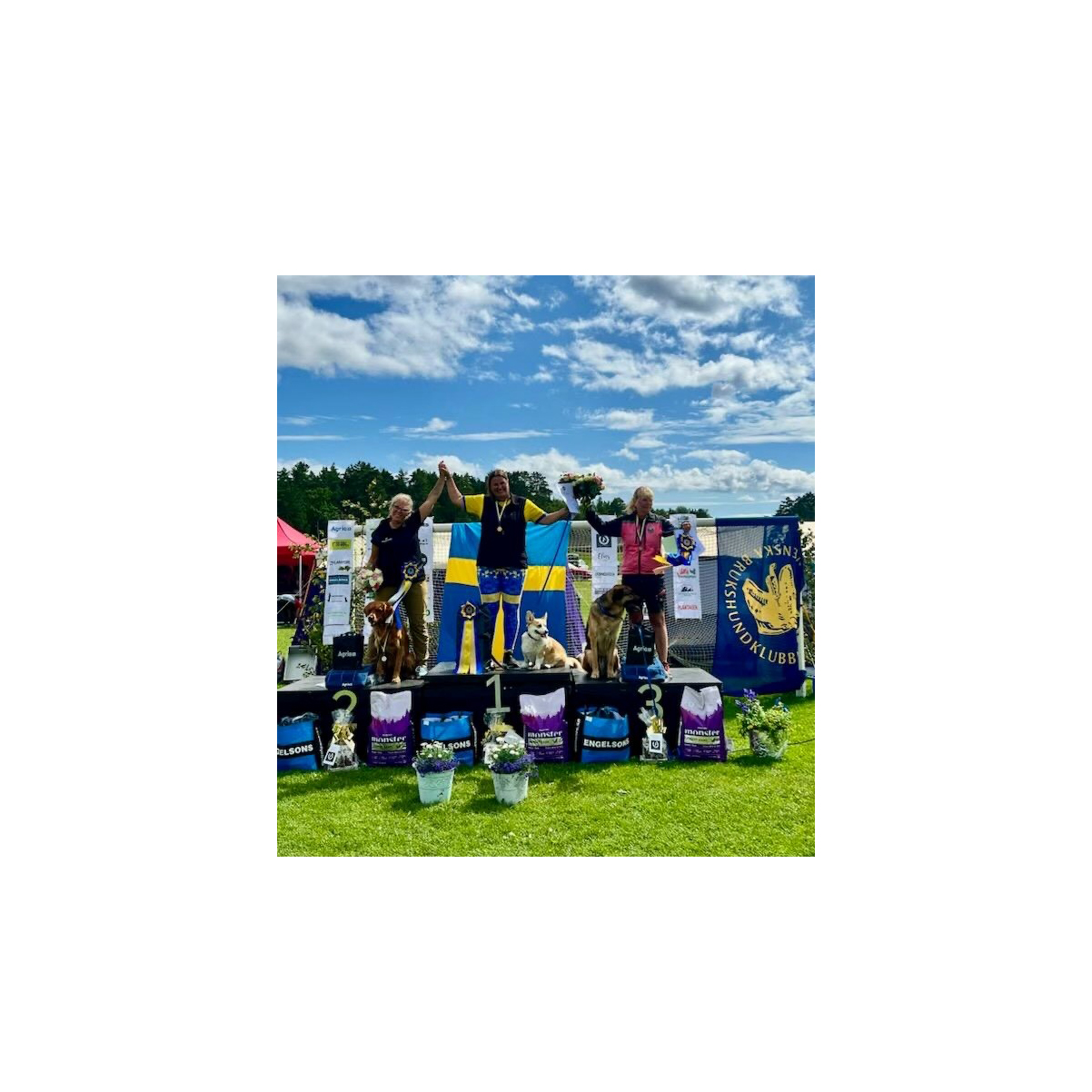 Foto på prispallen från prisutdelningen på SM i rallylydnad 2025