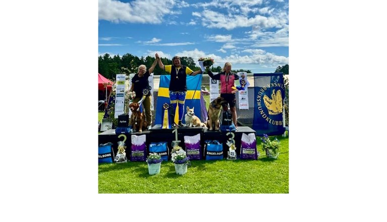 Foto på prispallen från prisutdelningen på SM i rallylydnad 2025