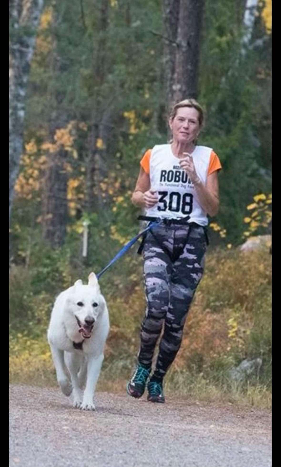 Kvinna som springer med hund i sele framför sig 