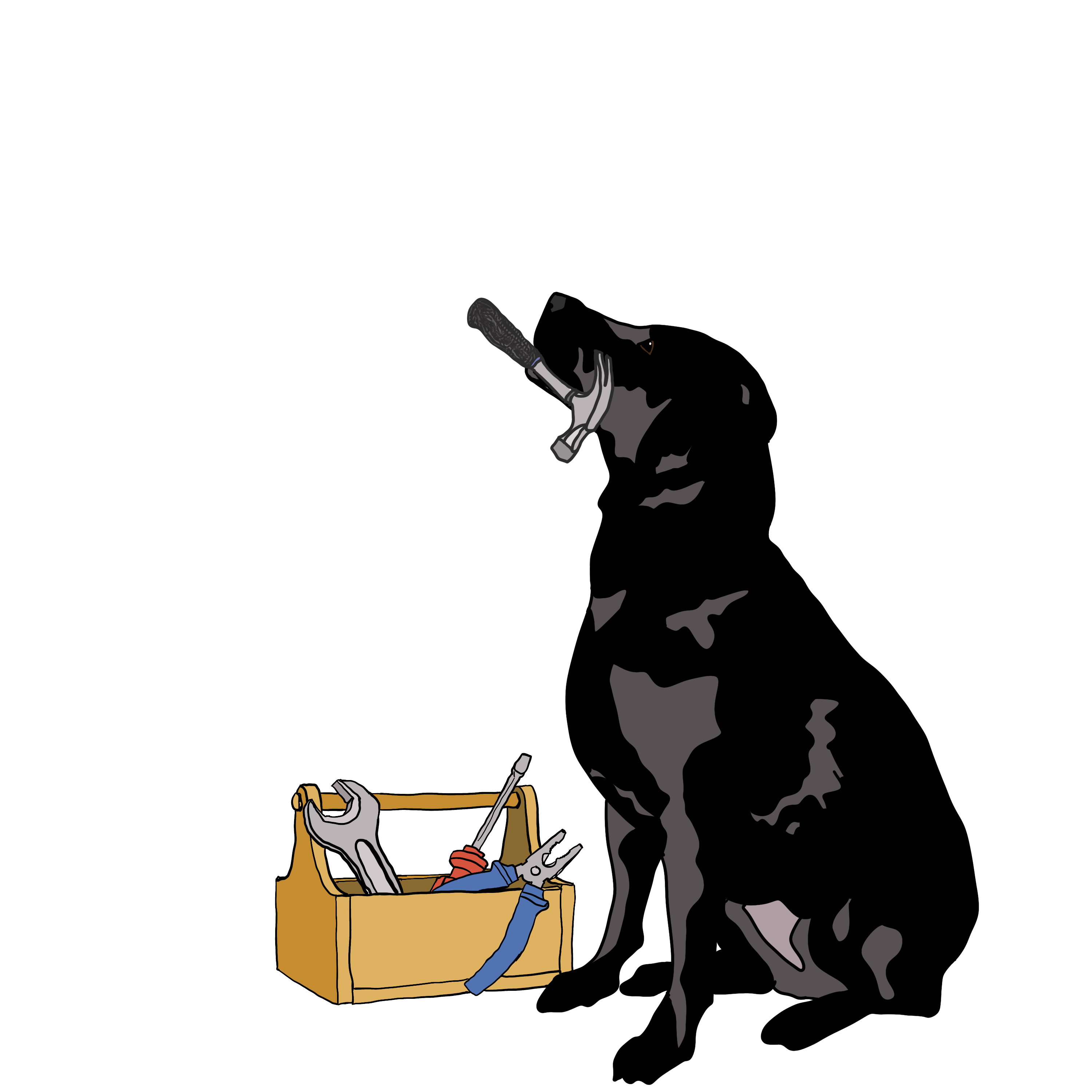 Tecknad labrador med hammare i munnen bredvid en gammaldags snickarlåda med skiftnyckel, skruvmejsel och kombinationstång.