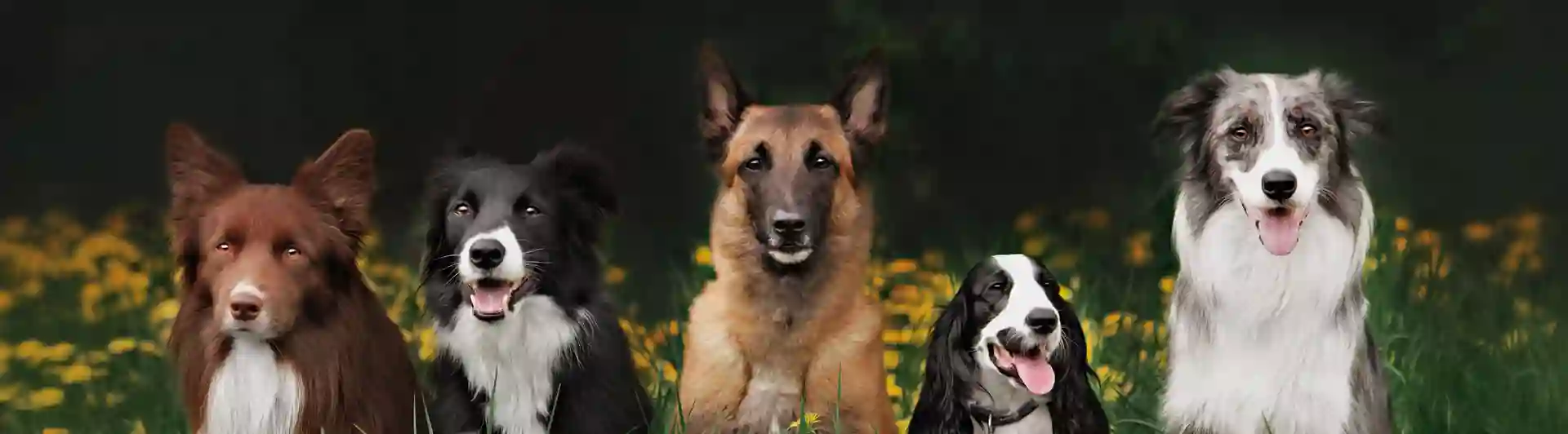 Fem hundar som ligger på en blomstrande äng