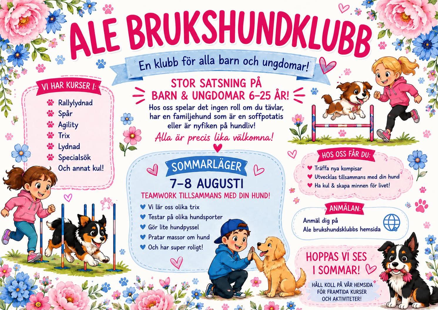 Infoblad om sommarläger för barn & ungdomsverksamheten på Ale Brukshundklubb