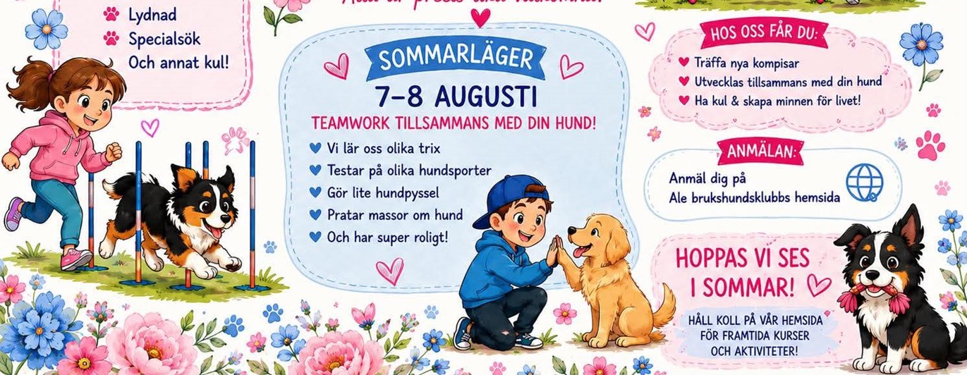 Infoblad om sommarläger för barn & ungdomsverksamheten på Ale Brukshundklubb
