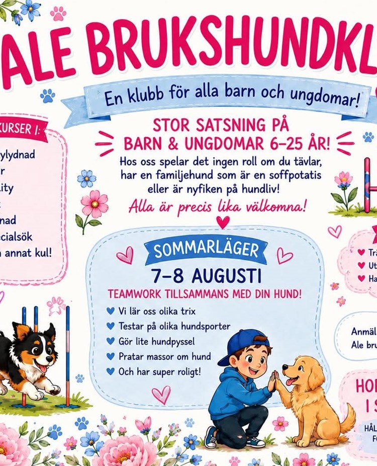 Infoblad om sommarläger för barn & ungdomsverksamheten på Ale Brukshundklubb