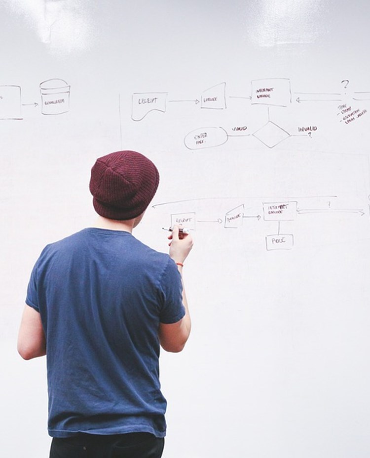 man vid whiteboardtavla