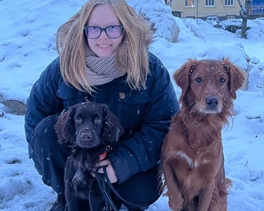 Maria Edlund sitter på huk med en cocker spaniel och golden retriever