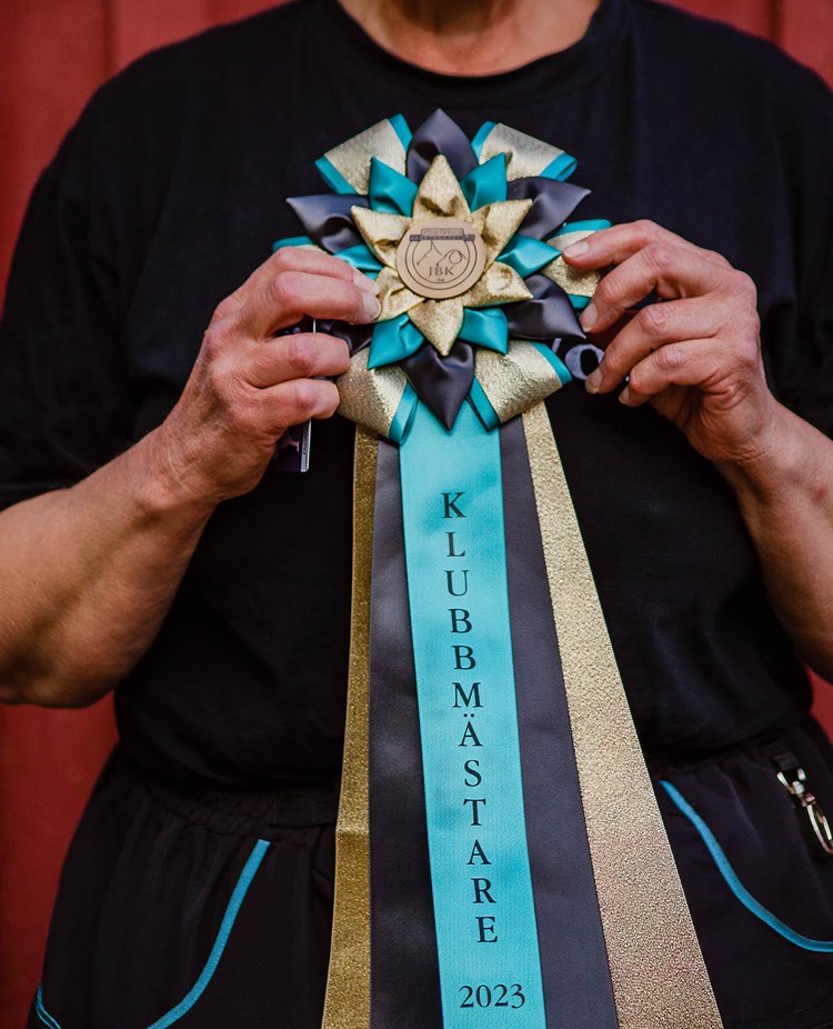 Människa håller i klubbmästerskapsrosett