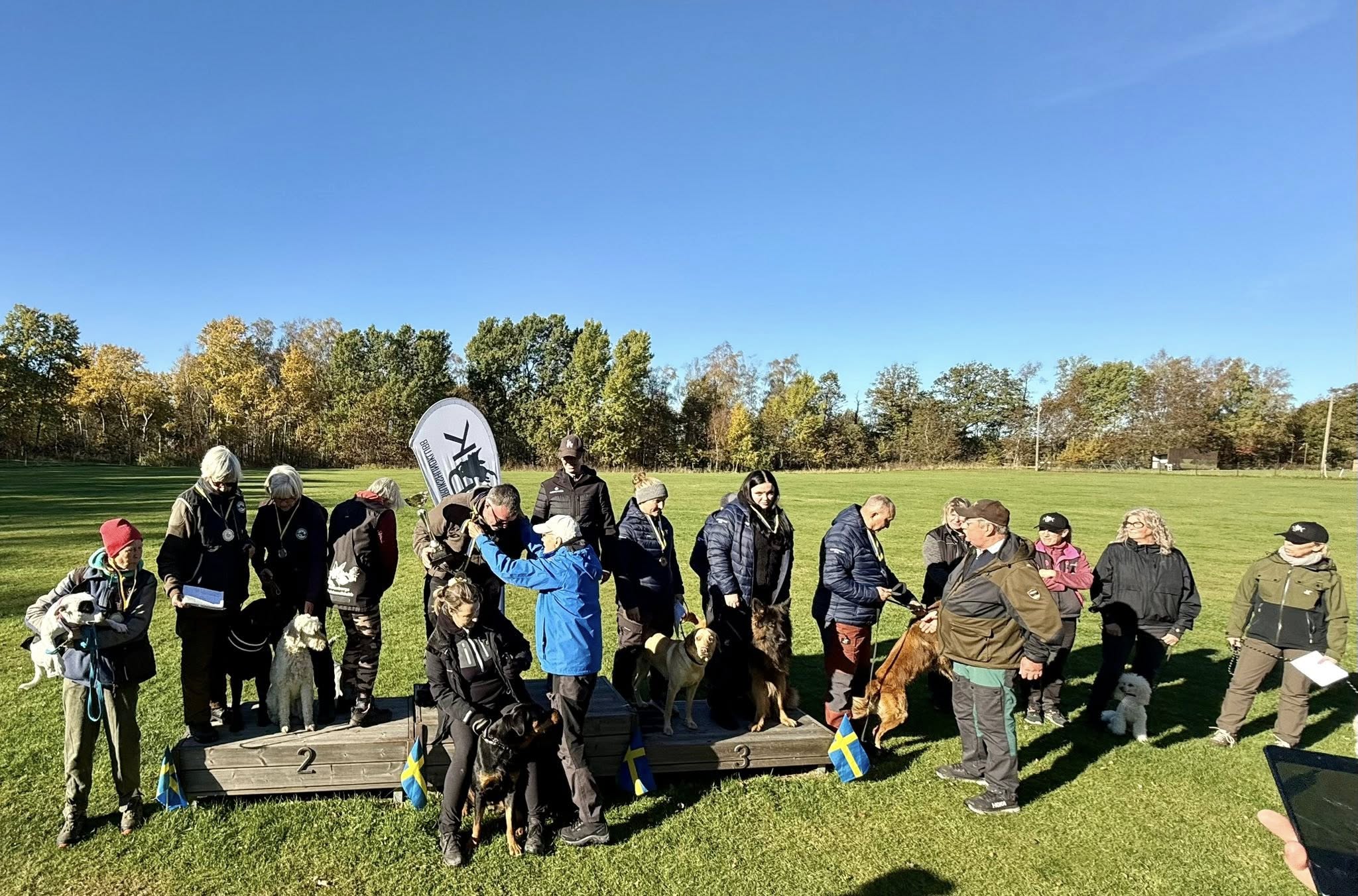 Prispall med lyckliga vinnare med sina hundar