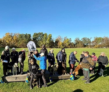 Prispall med lyckliga vinnare med sina hundar