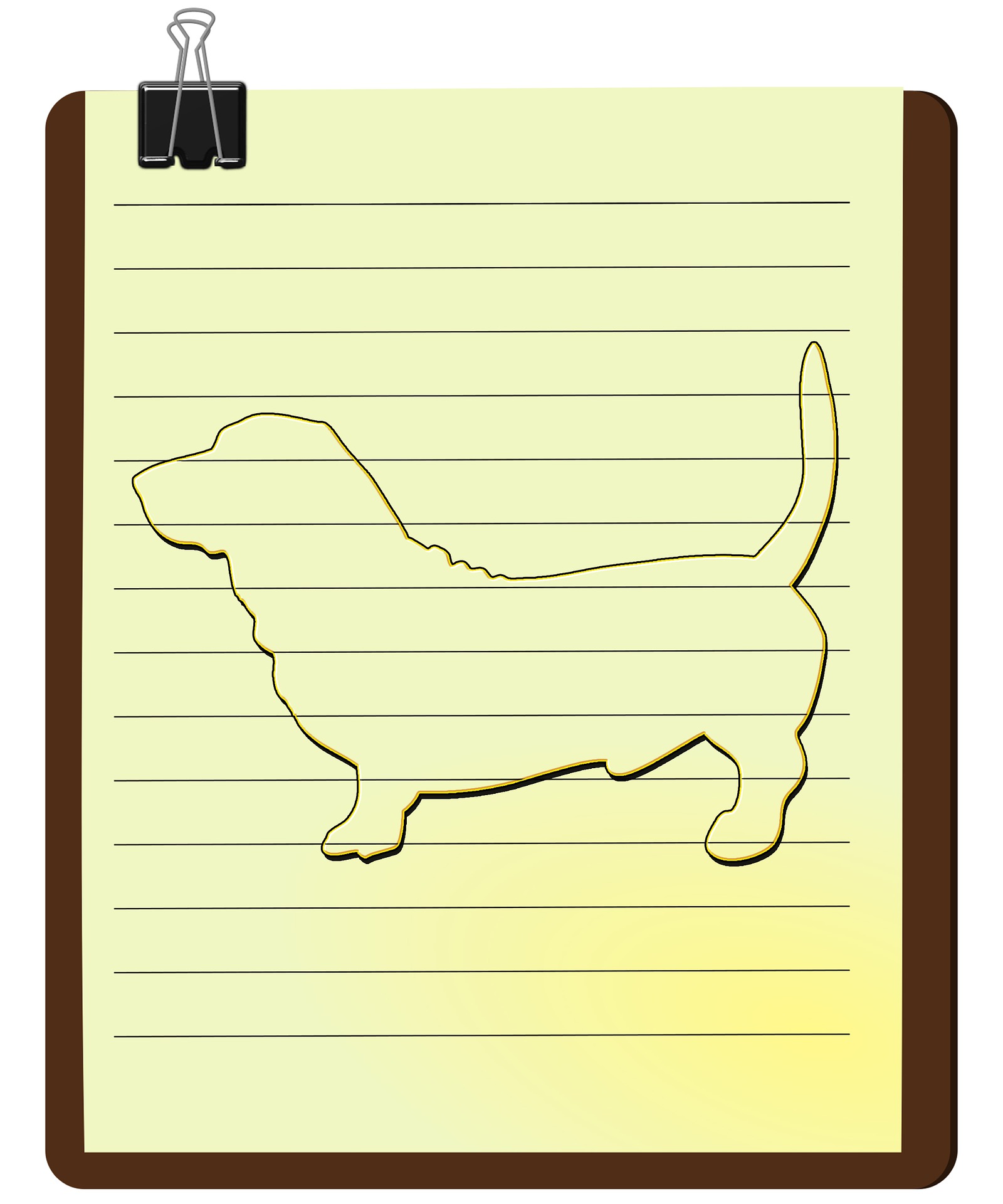 Tecknad hund av basset-typ på linjerat anteckningsblock