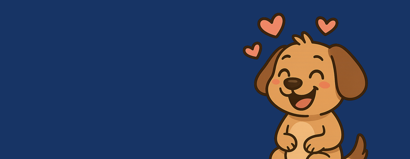 Bild på tecknad hund med hjärtan omkring sig