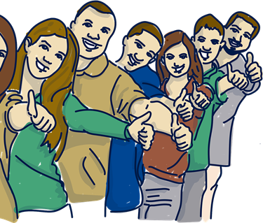 Människor på rad som gör tummen upp