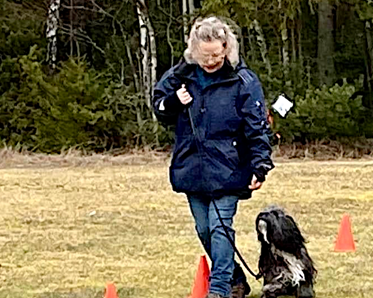 Kvinnlig hundförare med långhårig, liten, hund på rallylydnadsbana