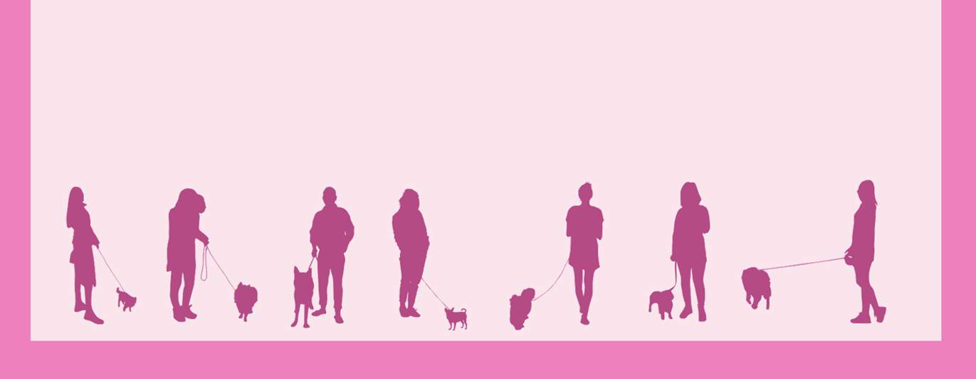 Rosa silhuetter av människor som promenerar med hundar